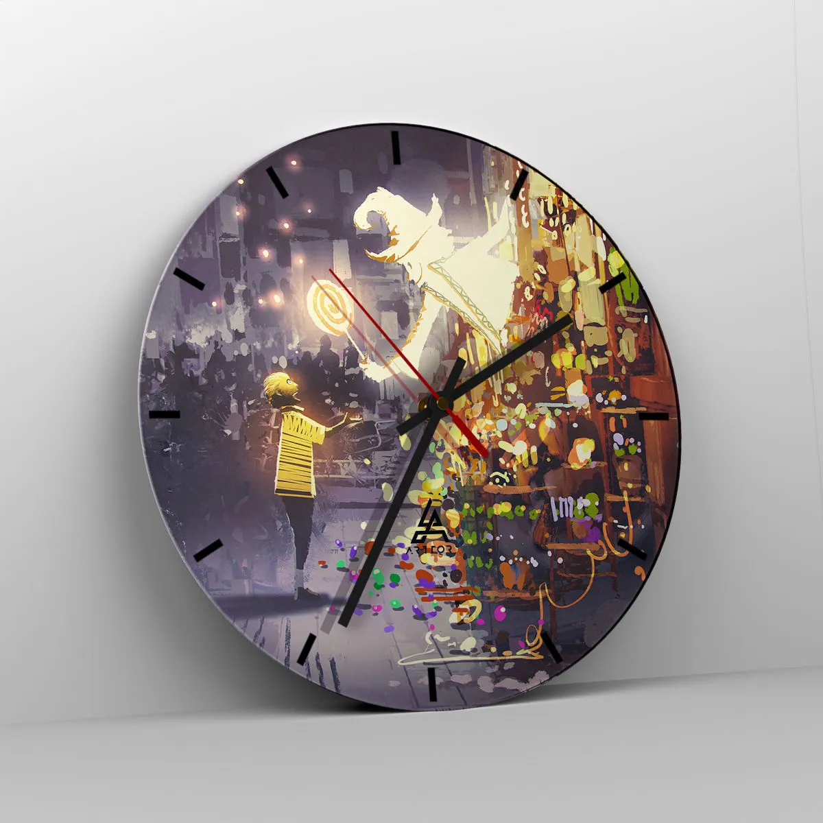 Ceas de perete - Ceas pe sticlă - O pictură fantastică cu un magician și un copil înconjurați de lumini colorate. - 30x30cm - Vrăjitoria există - Decorațiune modernă pentru perete pentru living, bucătărie și dormitor ARTTOR