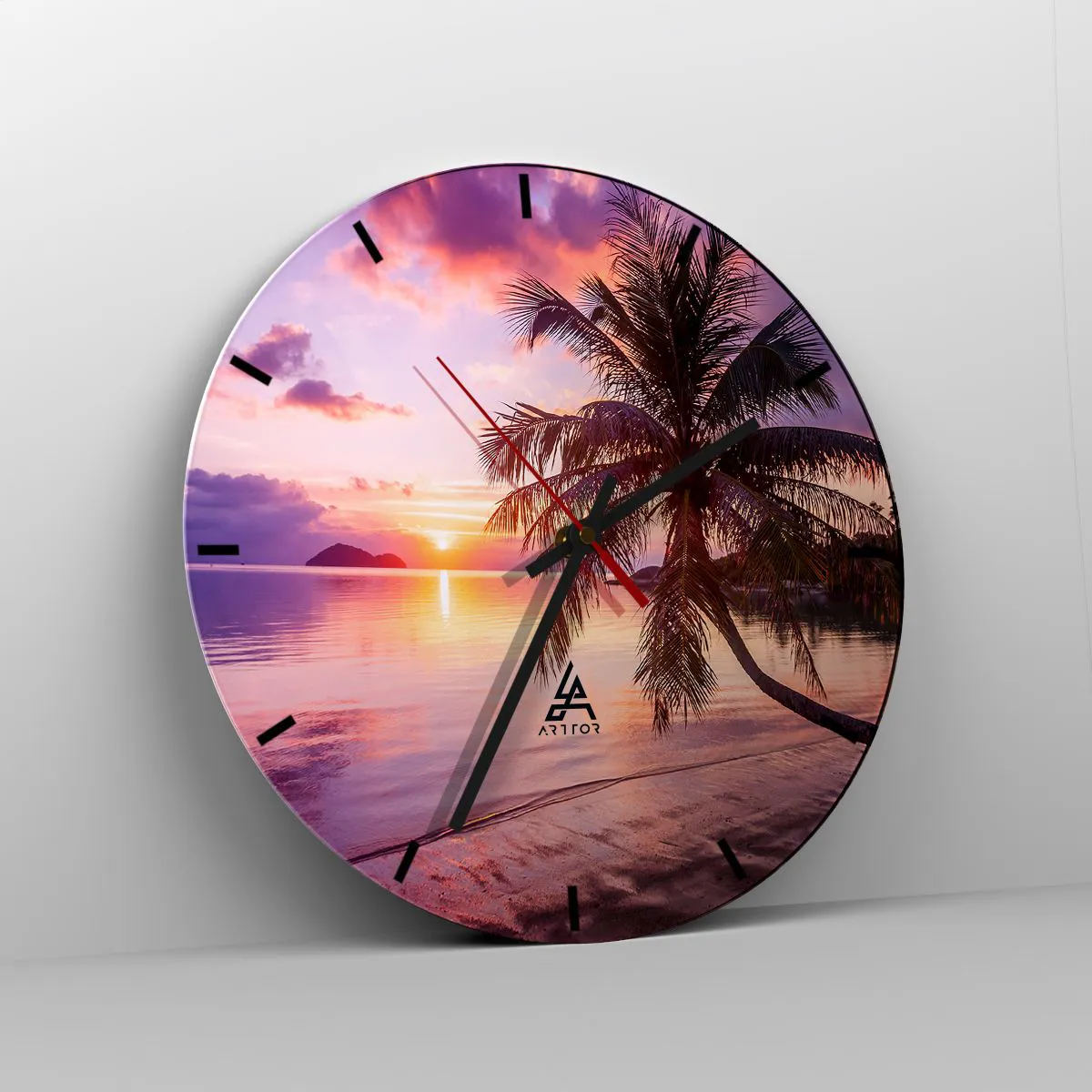 Ceas de perete - Ceas pe sticlă - Palmier pe malul mării la apus - 30x30cm - Euforie până la orizont - Decorațiune modernă pentru perete pentru living, bucătărie și dormitor ARTTOR