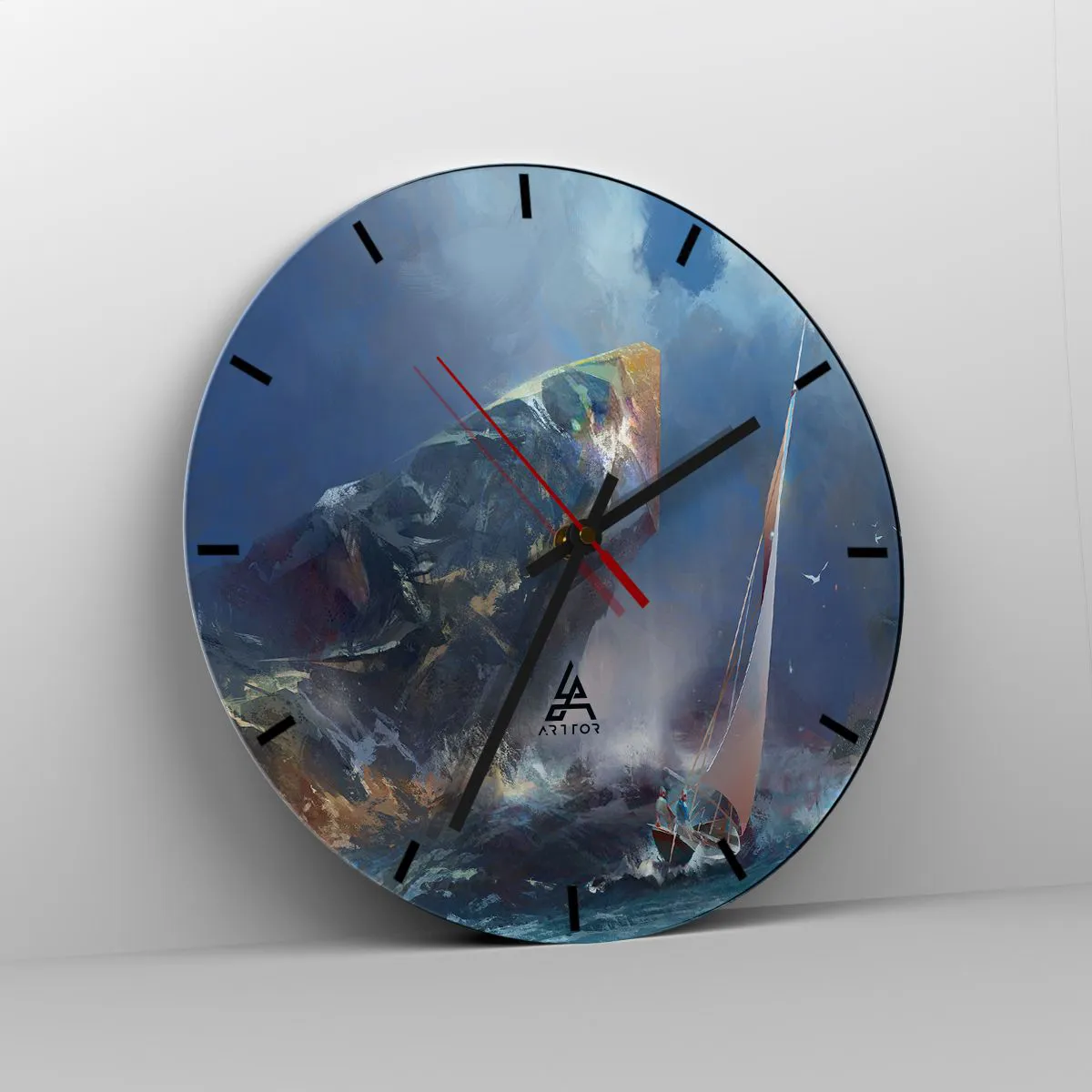 Horloge murale - Pendule murale - Un yacht dans une mer agitée près des rochers dans un style abstrait. - 30x30cm - Celui qui est courageux, gagne - Décoration murale moderne pour le salon, la cuisine et la chambre ARTTOR