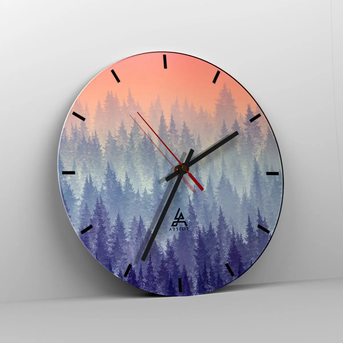 Vægur, Uret - Skov ved solopgang i pastelfarver - 30x30cm - Højt, højere, til himlen - Moderne vægdekoration til stue, køkken og soveværelse ARTTOR