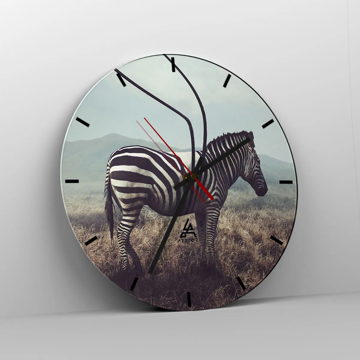 Ceas de perete - Ceas pe sticlă - O zebră într-un cadru natural pe fundalul savanei - 30x30cm - Atenție! Defecțiune - Decorațiune modernă pentru perete pentru living, bucătărie și dormitor ARTTOR