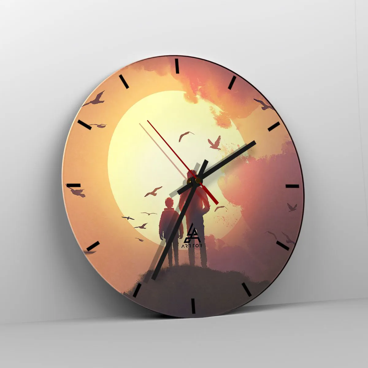 Wall clock - Clock on glass - Figures against the backdrop of the setting sun and birds - 30x30cm - Face to Face with the Sun - Modern wall decoration for the living room, kitchen, and bedroom ARTTOR
