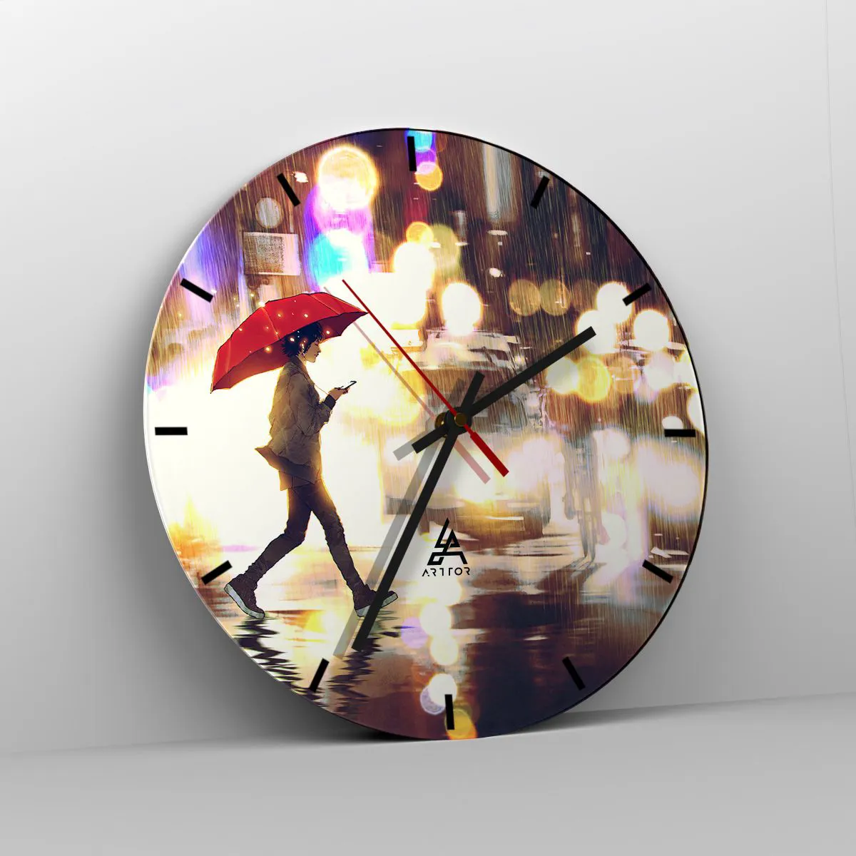 Ceas de perete - Ceas pe sticlă - figură cu o umbrelă roșie pe fundalul luminilor nocturne ale orașului - 30x30cm - Și totuși este însorită - Decorațiune modernă pentru perete pentru living, bucătărie și dormitor ARTTOR