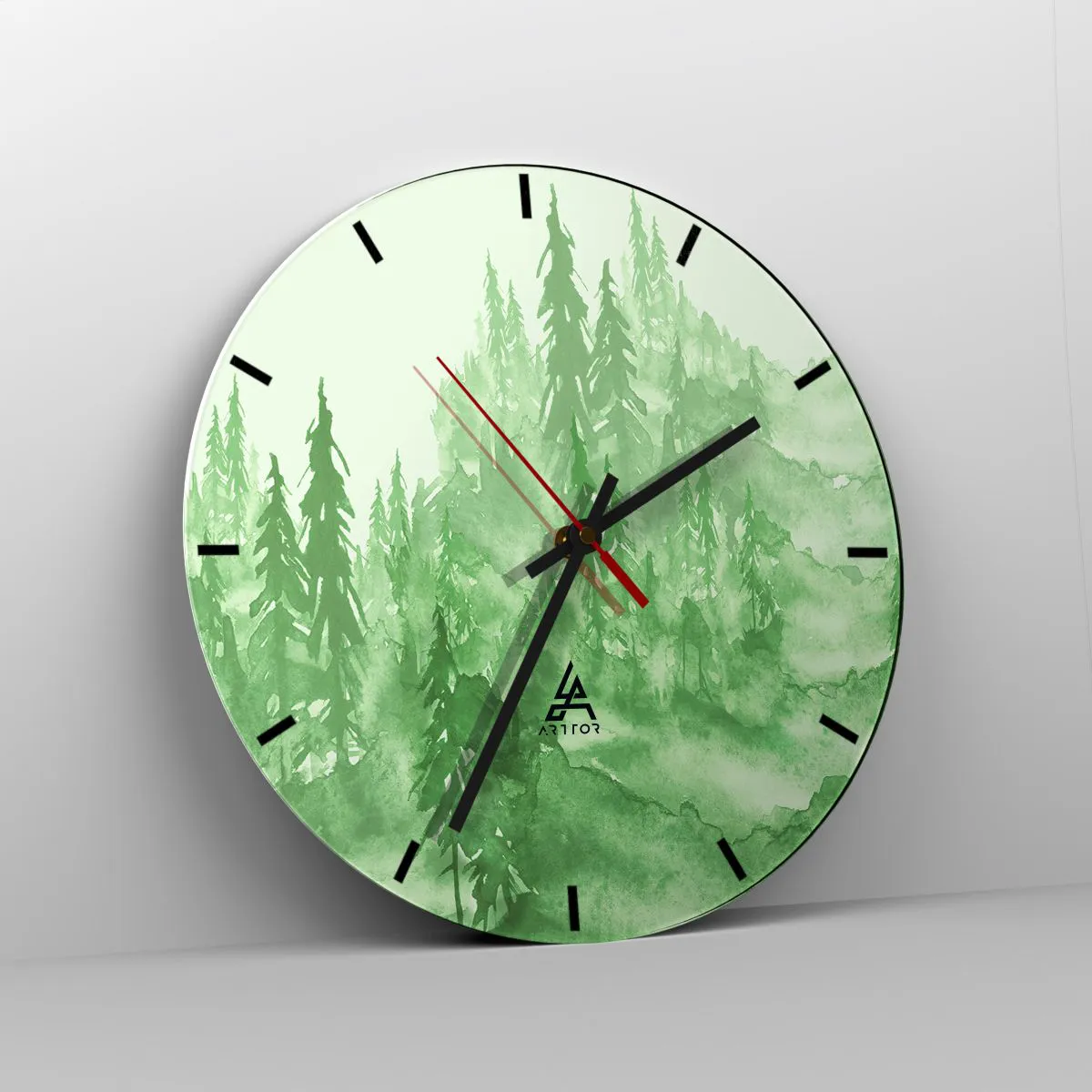 Ceas de perete - Ceas pe sticlă - O pădure verde într-un stil acuarelă plin de armonie - 30x30cm - Neclar prin ceața verde - Decorațiune modernă pentru perete pentru living, bucătărie și dormitor ARTTOR