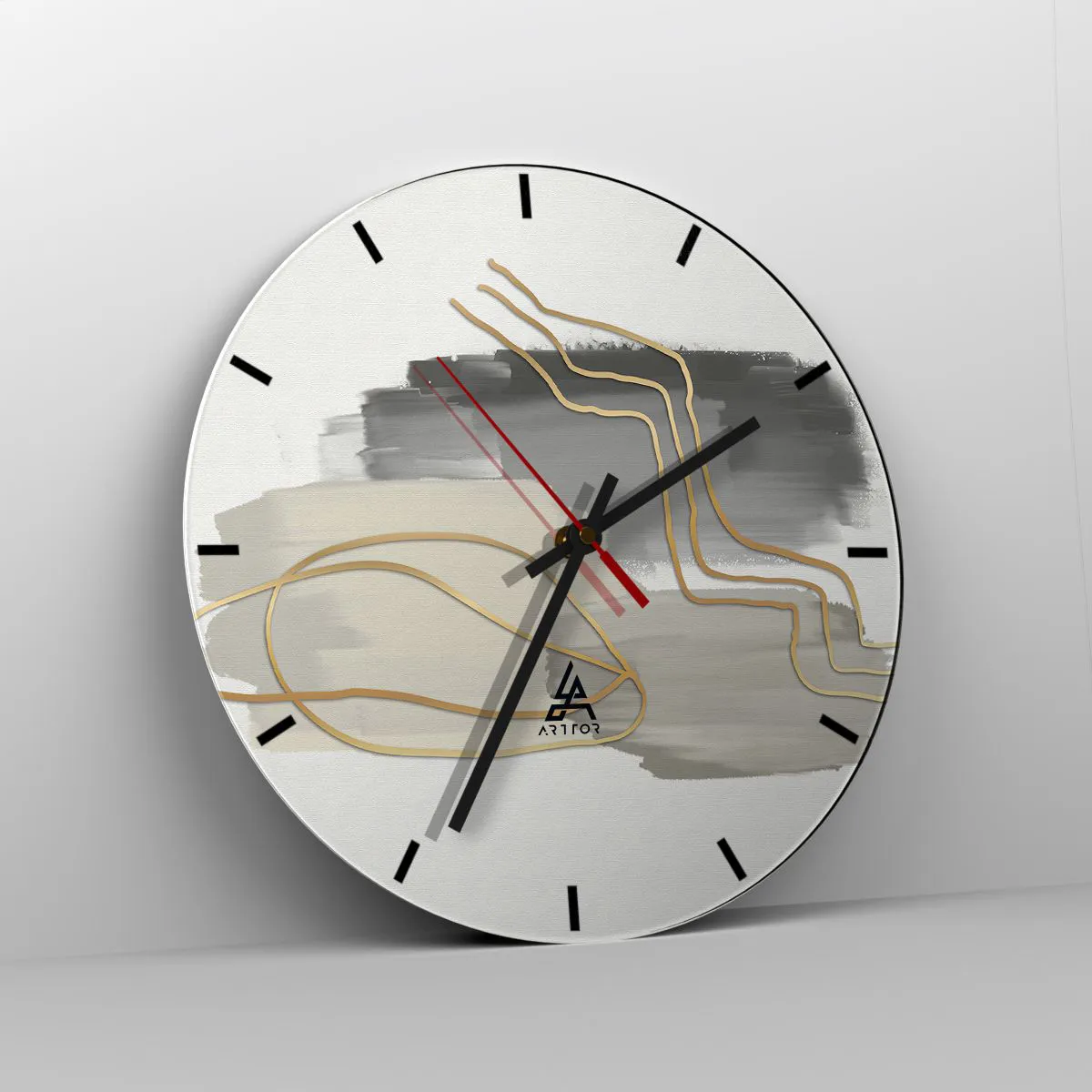 Wanduhr - Glasuhr - Abstrakte Komposition mit grauen und goldenen Linien - 30x30cm - Dauer und Bewegung - Moderne Wanddekoration für Wohnzimmer, Küche und Schlafzimmer ARTTOR