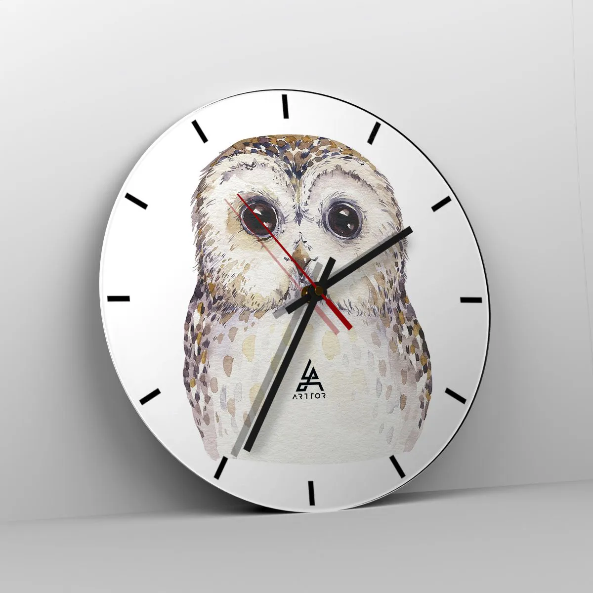 Wanduhr - Glasuhr - Aquarell Eule mit großen Augen auf weißem Hintergrund - 30x30cm - Schau mir in die Augen - Moderne Wanddekoration für Wohnzimmer, Küche und Schlafzimmer ARTTOR