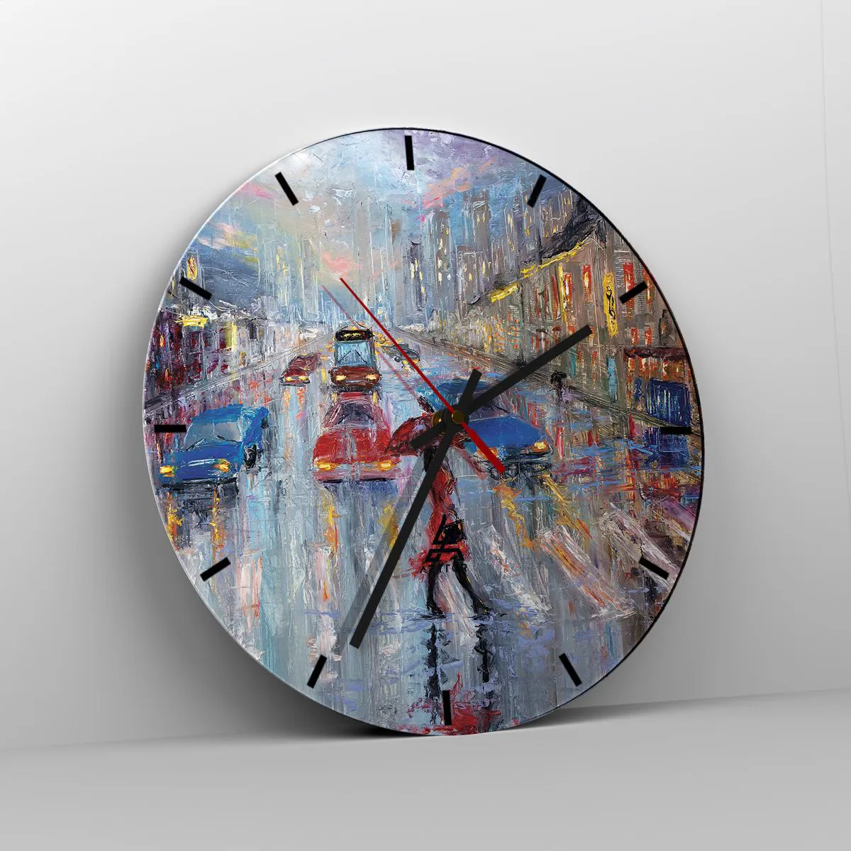 Horloge murale - Pendule murale - Paysage urbain sous la pluie avec des lumières colorées - 30x30cm - Après-midi pluvieux en ville - Décoration murale moderne pour le salon, la cuisine et la chambre ARTTOR