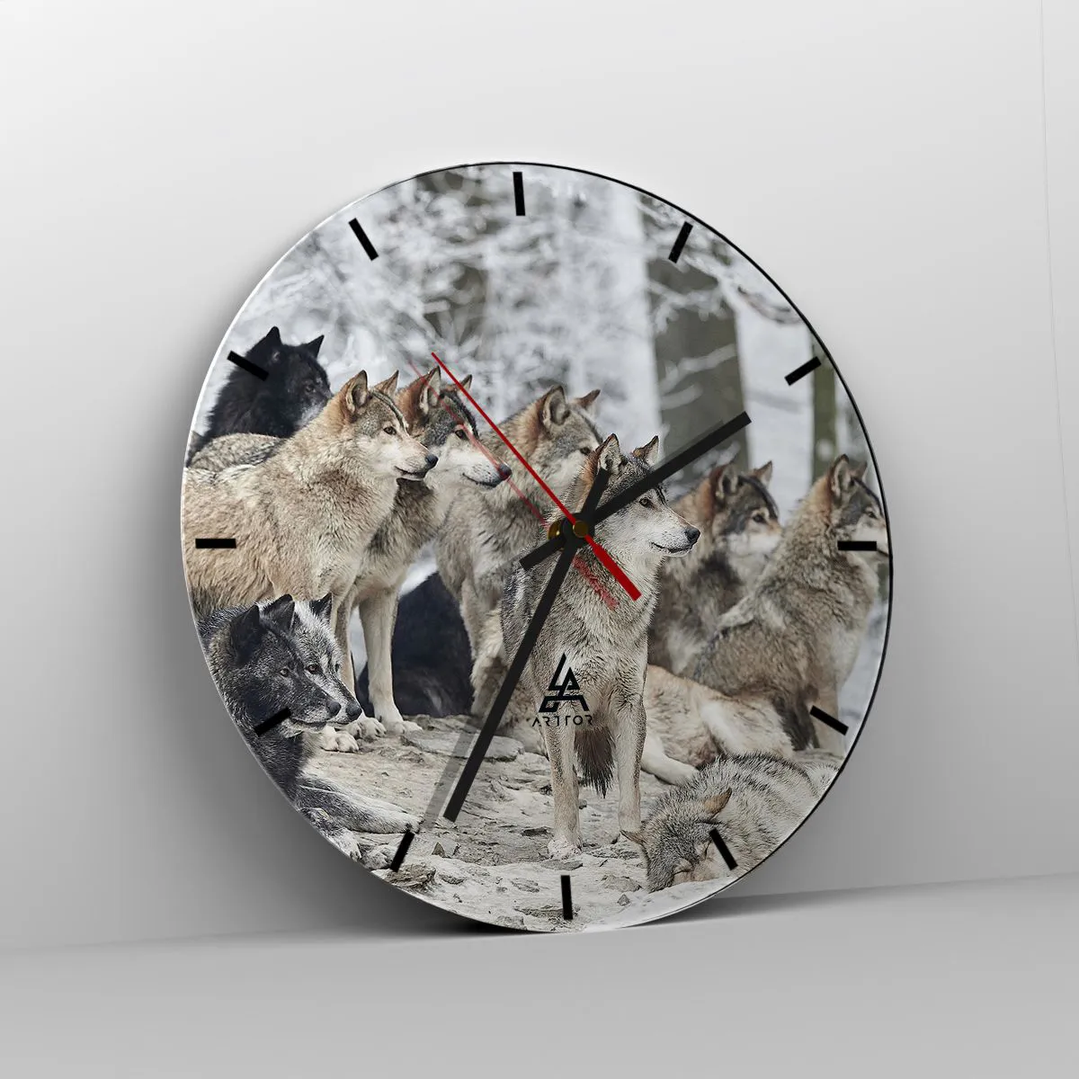 Wall clock - Clock on glass - A pack of wolves in a winter forest in a natural setting - 30x30cm - Family and Friends - Modern wall decoration for the living room, kitchen, and bedroom ARTTOR