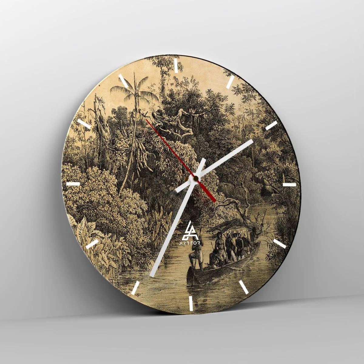 Ceas de perete - Ceas pe sticlă - Ilustrație retro a unei expediții în junglă tropicală - 30x30cm - Călătorie la sursă - Decorațiune modernă pentru perete pentru living, bucătărie și dormitor ARTTOR