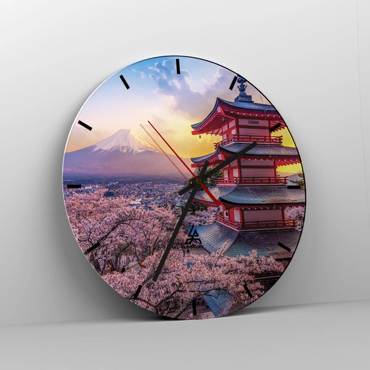 Ceas de perete - Ceas pe sticlă - O pagodă printre flori de cireș, cu Muntele Fuji în fundal - 30x30cm - Esența spiritului japonez - Decorațiune modernă pentru perete pentru living, bucătărie și dormitor ARTTOR