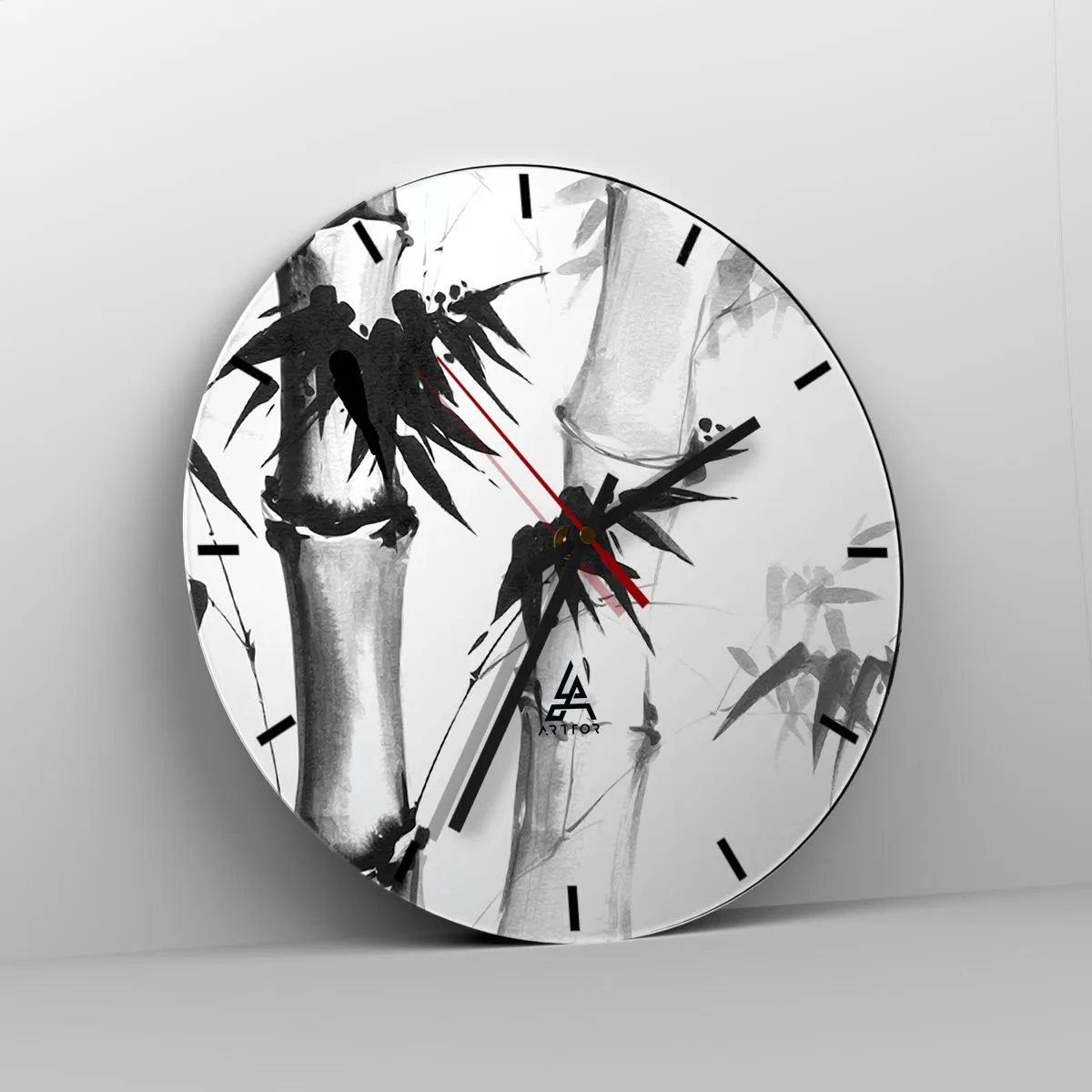 Wanduhr - Glasuhr - Schwarz und weiß bemalte Bambusse auf weißem Hintergrund - 30x30cm - Dem Orient ganz nah - Moderne Wanddekoration für Wohnzimmer, Küche und Schlafzimmer ARTTOR