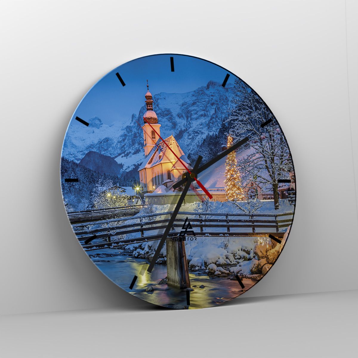 Orologio da parete Arttor - Lo spirito luminoso dell'inverno - Quadrante  con numeri, Forma: Cerchio - 30x30 cm - Paesaggio, Svizzera, Alpi