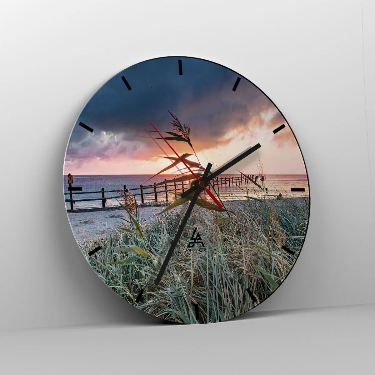 Wall clock - Clock on glass - A view of the pier at sunset with grasses in the foreground - 30x30cm - Not Gone with the Wind - Modern wall decoration for the living room, kitchen, and bedroom ARTTOR