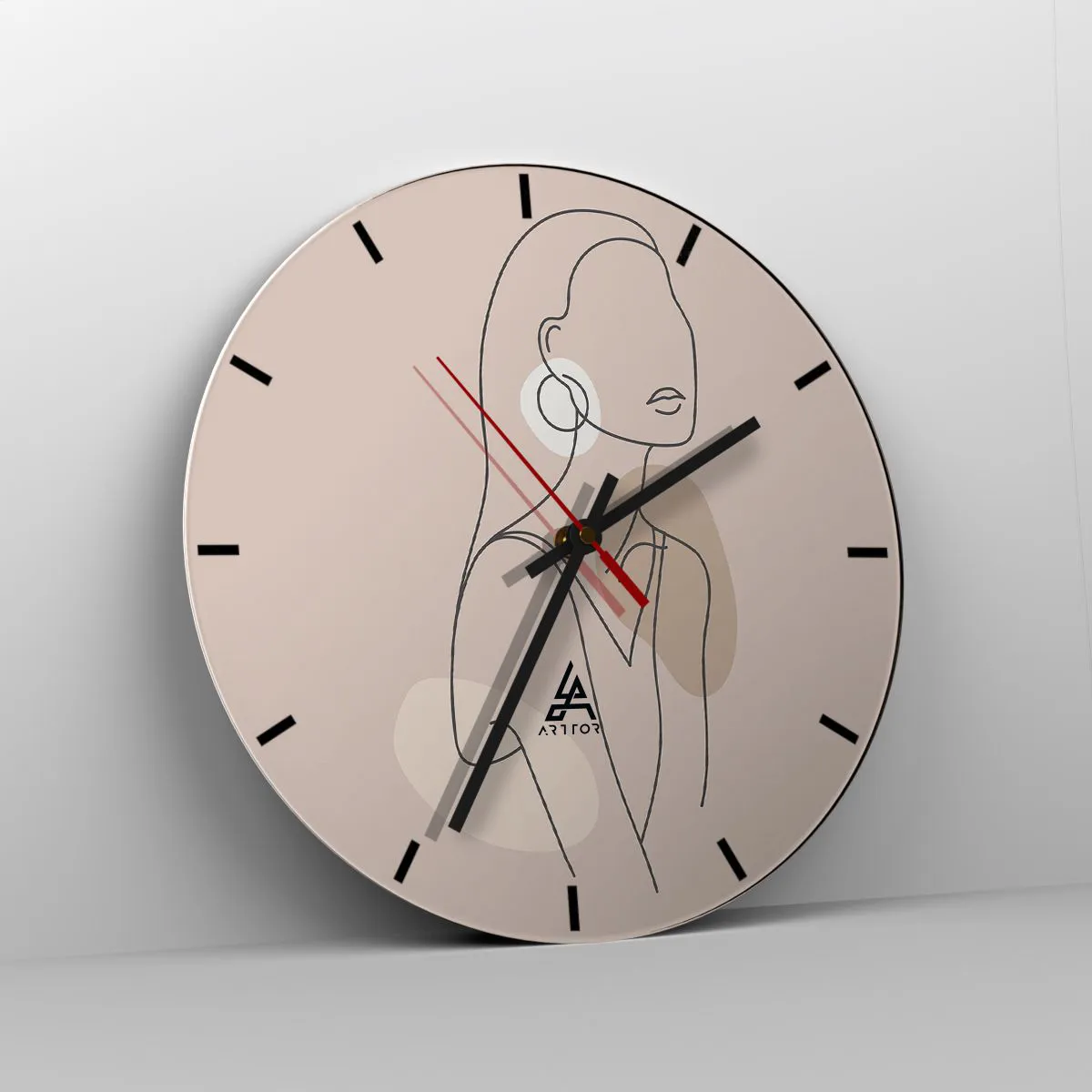 Reloj de pared - Reloj de vidrio - Una línea minimalista de una silueta femenina sobre un fondo beige. - 30x30cm - Un icono de la inocencia - Decoración de pared moderna para salón, cocina y dormitorio ARTTOR