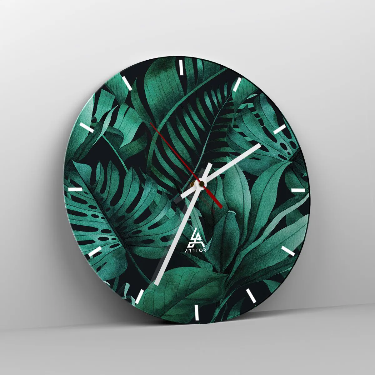 Reloj de pared - Reloj de vidrio - Hojas verdes tropicales sobre un fondo oscuro. - 30x30cm - Profundidad del verde tropical - Decoración de pared moderna para salón, cocina y dormitorio ARTTOR