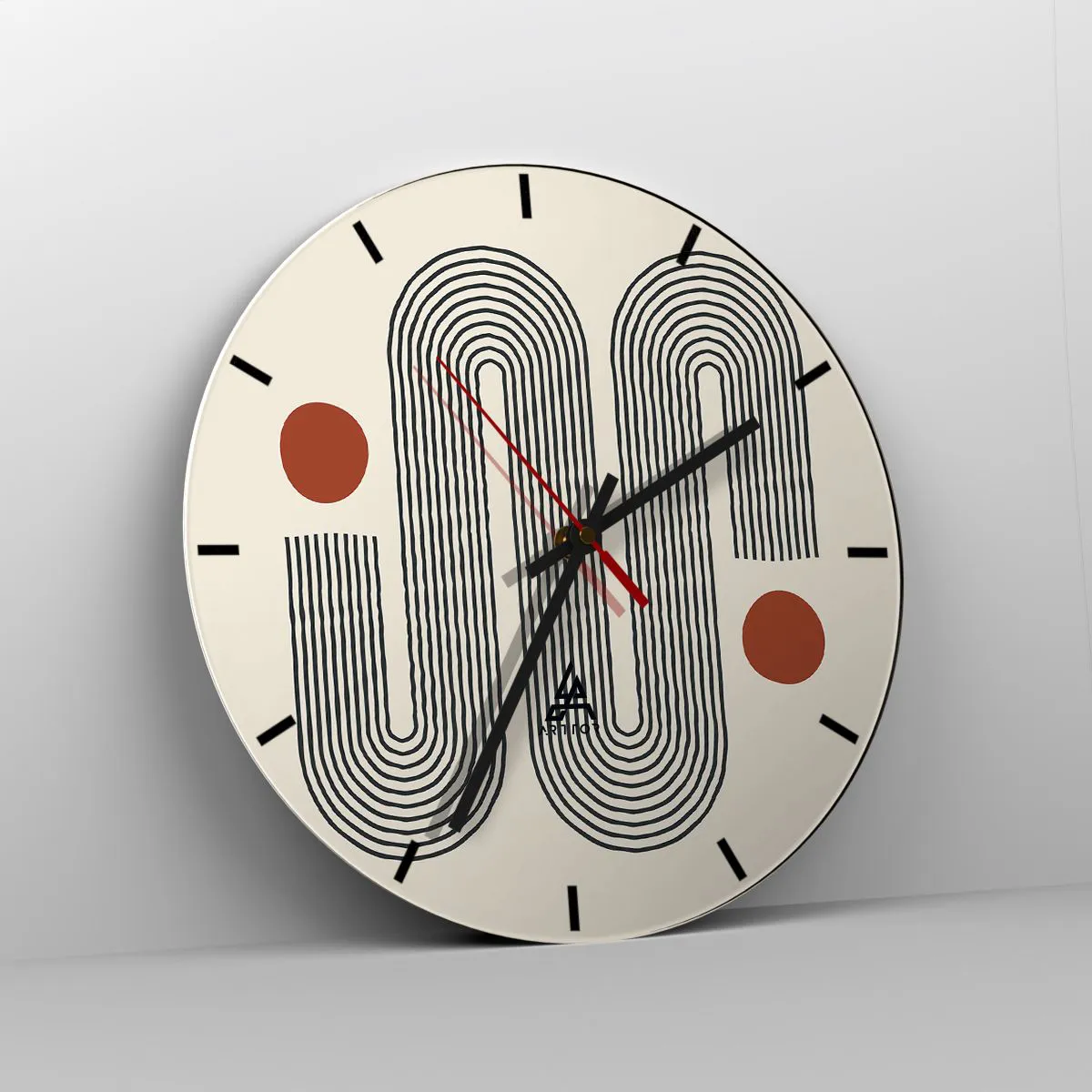 Falióra, Óra - Minimalista minta fekete vonalakkal és piros körökkel krémszínű alapon. - 30x30cm - Elejétől végéig - Modern fali dekoráció nappalihoz, konyhához és hálószobához ARTTOR