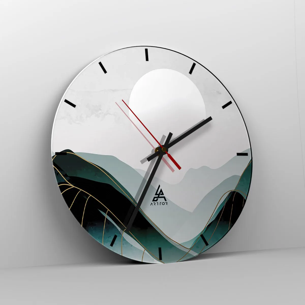 Relógio de parede - Relógio em vidro - Uma paisagem montanhosa minimalista com uma grande lua - 30x30cm - Em plena majestade - Decoração de parede moderna para a sala de estar, cozinha e quarto ARTTOR