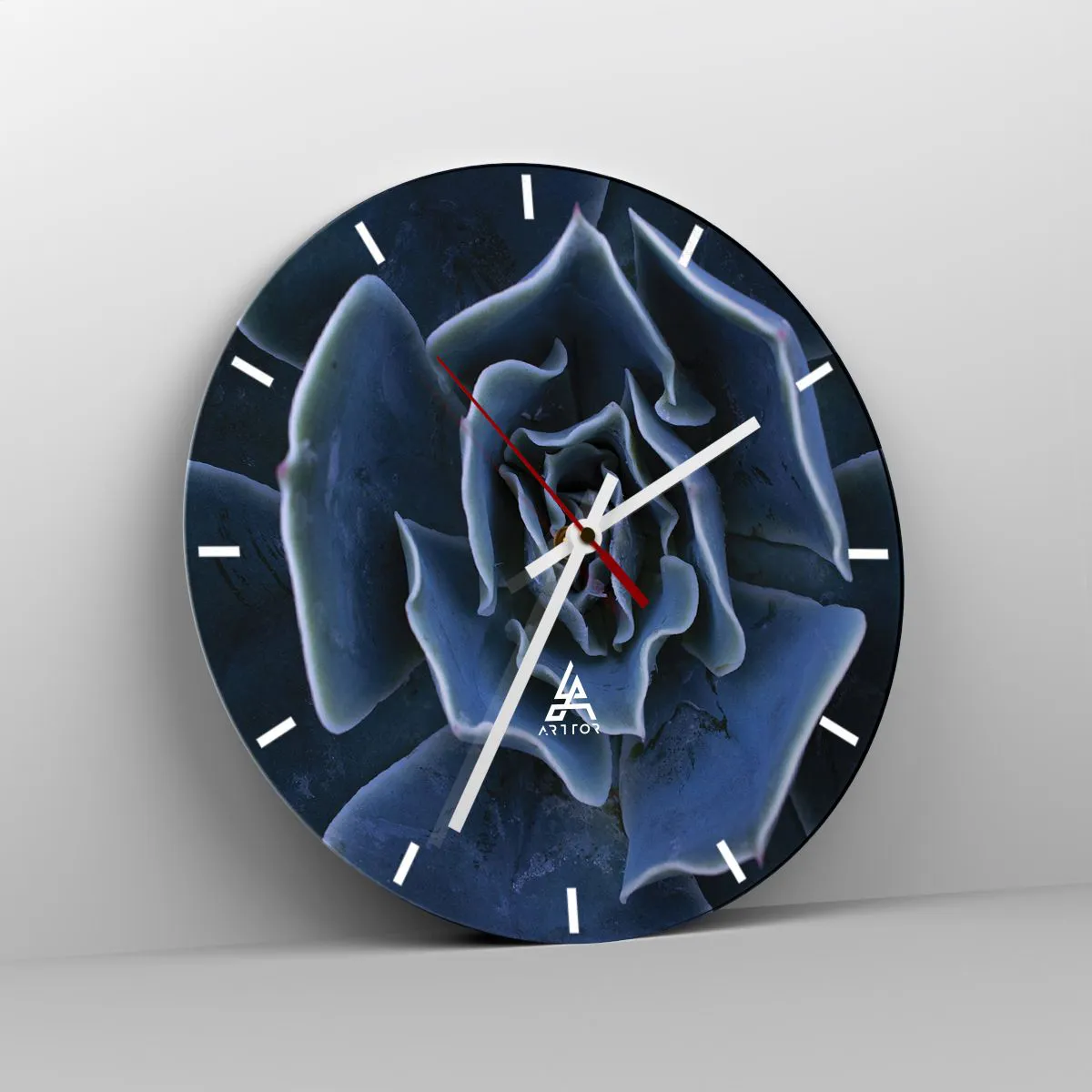 Wall clock - Clock on glass - Close-up of a succulent with navy blue leaves - 30x30cm - Flower of the Desert - Modern wall decoration for the living room, kitchen, and bedroom ARTTOR