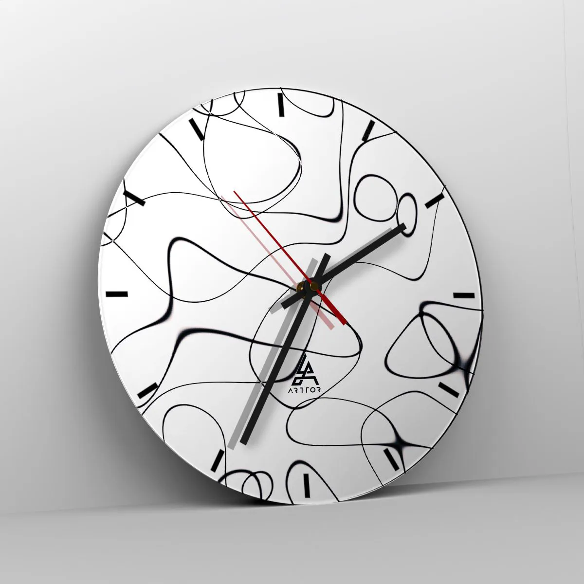 Wall clock - Clock on glass - Black abstract lines on a white background - 30x30cm - Life Paths, Trails of Fortune - Modern wall decoration for the living room, kitchen, and bedroom ARTTOR