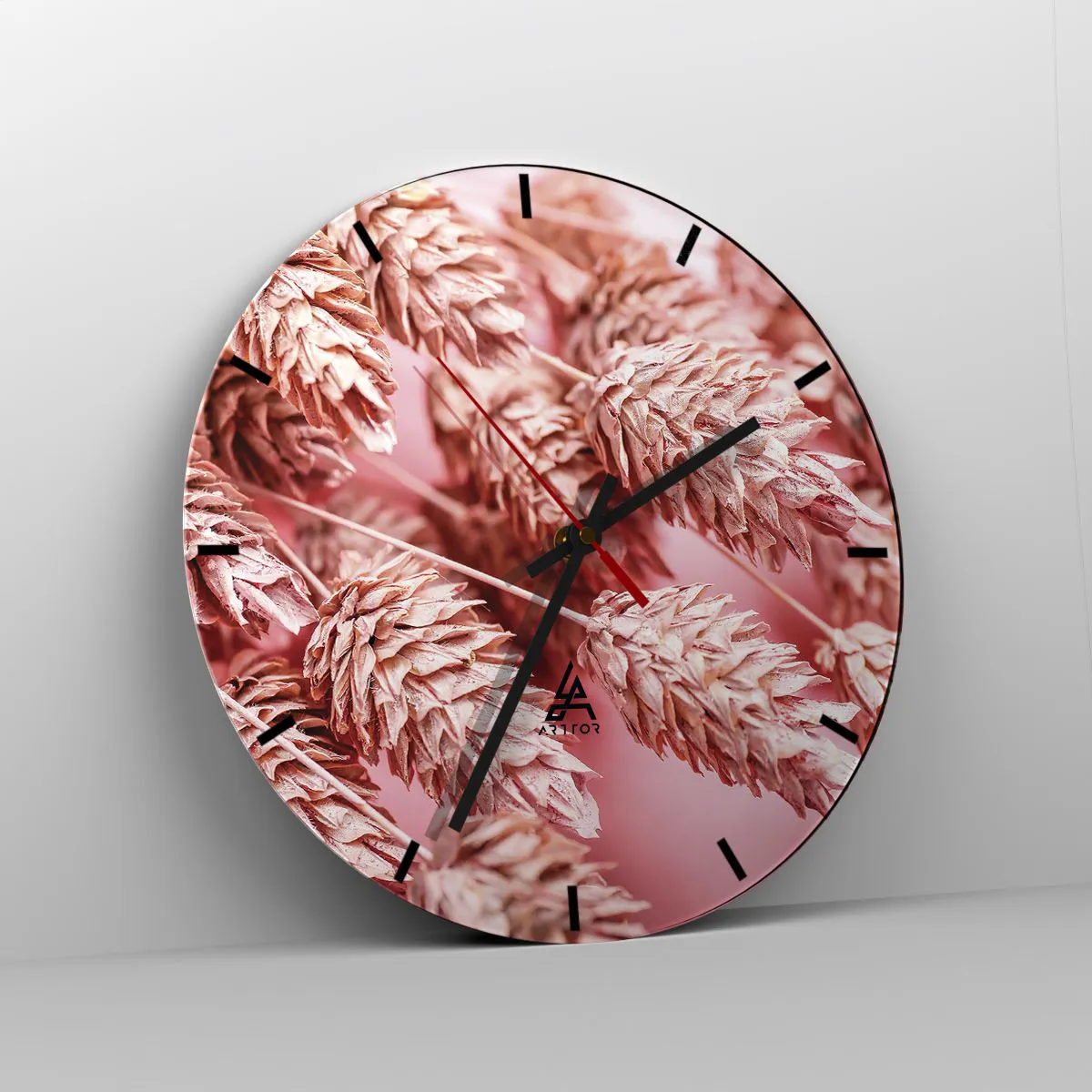 Wall clock - Clock on glass - Close-up of pink ears of corn on a pastel background - 30x30cm - Flowery Cascade in Pink - Modern wall decoration for the living room, kitchen, and bedroom ARTTOR
