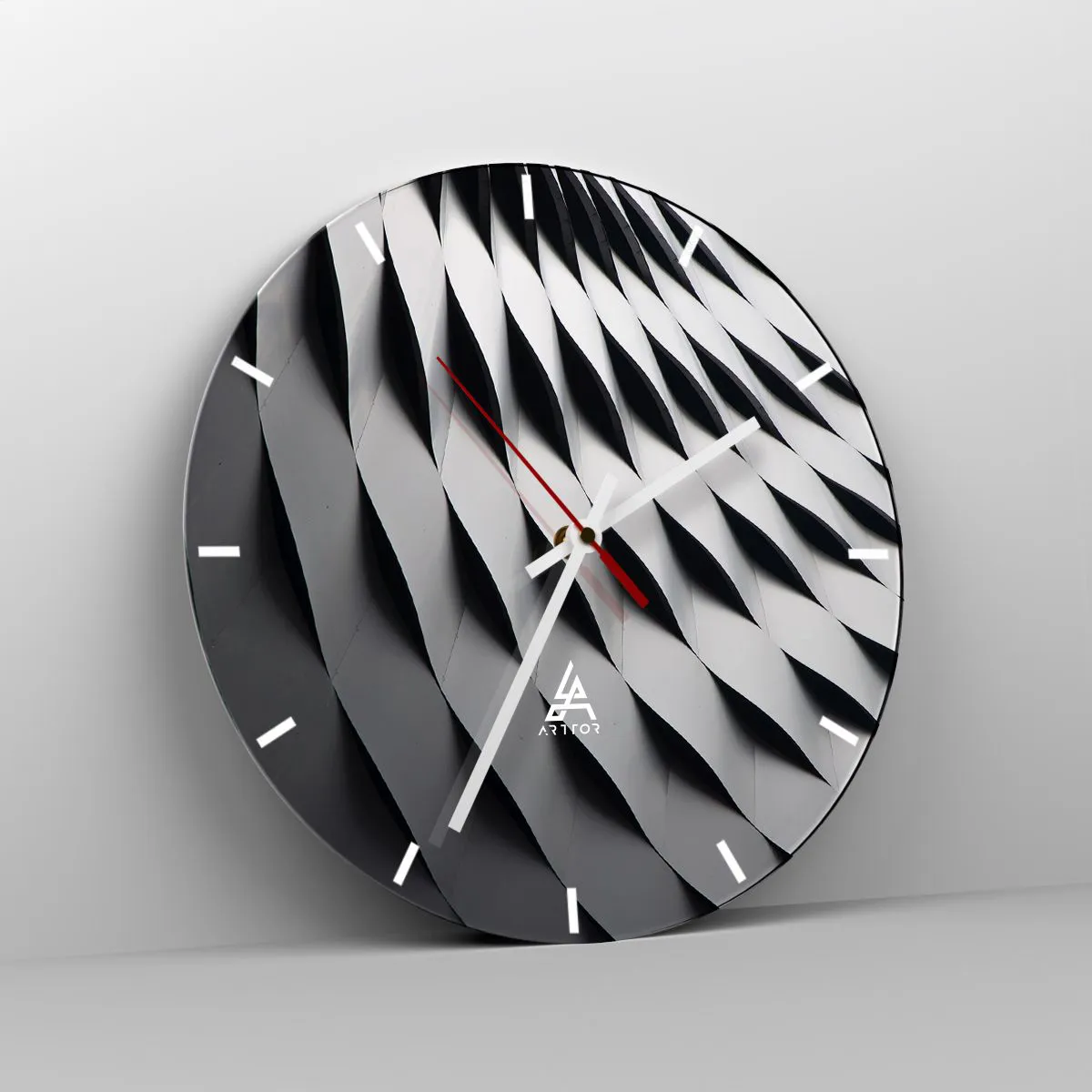 Ceas de perete - Ceas pe sticlă - Model de structură arhitecturală ondulată alb-negru - 30x30cm - Pe suprafața valurilor - Decorațiune modernă pentru perete pentru living, bucătărie și dormitor ARTTOR
