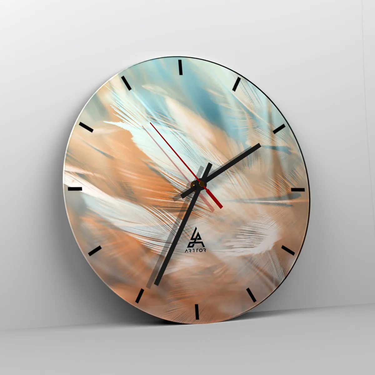 Ceas de perete - Ceas pe sticlă - Pene delicate în nuanțe pastelate de albastru și piersică - 30x30cm - În țara blândeții - Decorațiune modernă pentru perete pentru living, bucătărie și dormitor ARTTOR