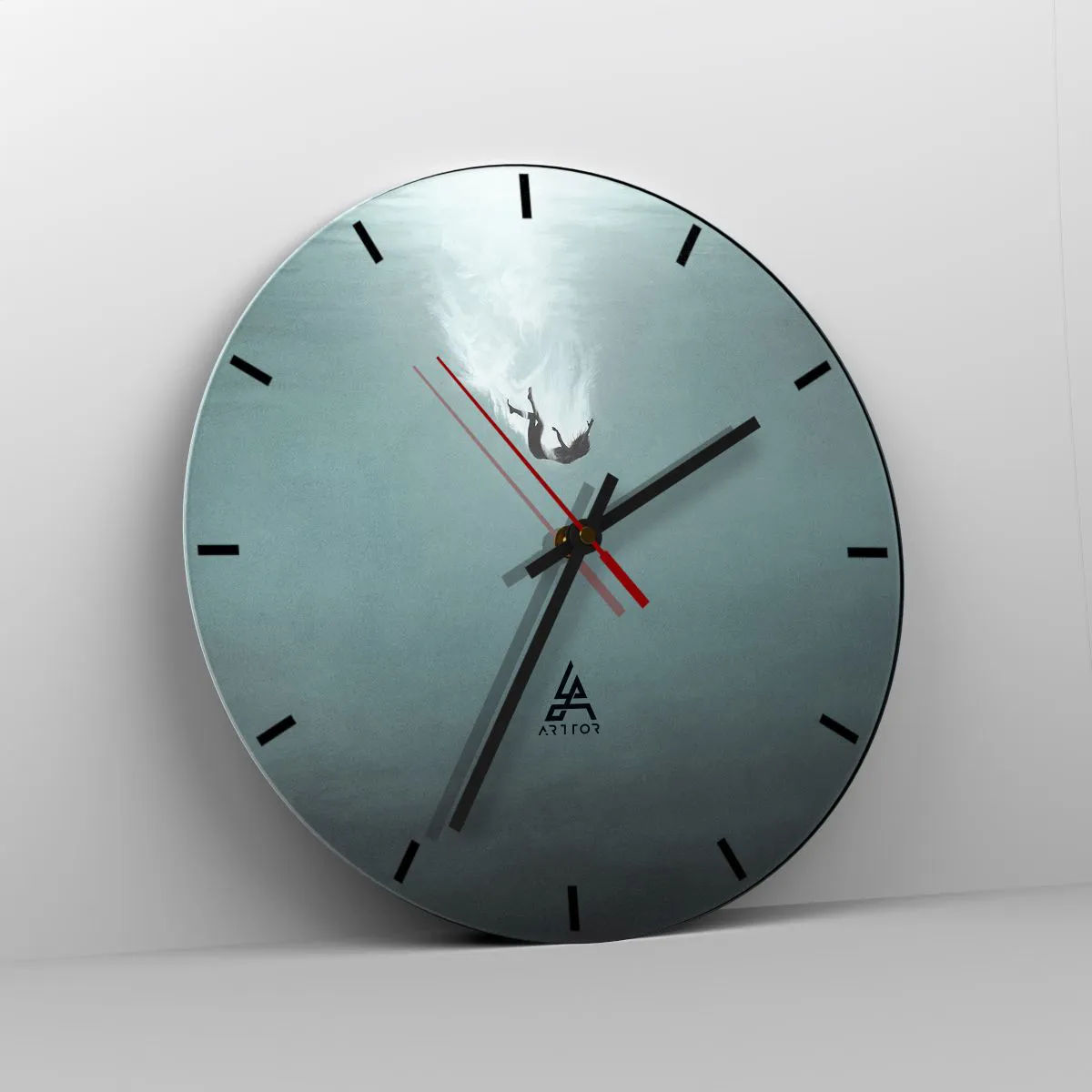 Wall clock - Clock on glass - The silhouette of a falling man immersed in the blue depths - 30x30cm - In the Arms of the Ocean - Modern wall decoration for the living room, kitchen, and bedroom ARTTOR