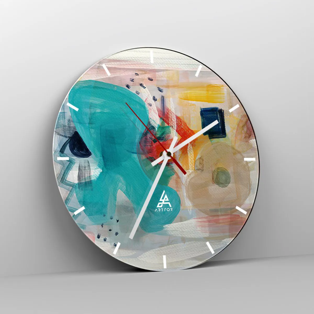 Vægur, Uret - Abstrakte farvepletter i nuancer af turkis, rød og gul - 30x30cm - Et farverigt spil - Moderne vægdekoration til stue, køkken og soveværelse ARTTOR
