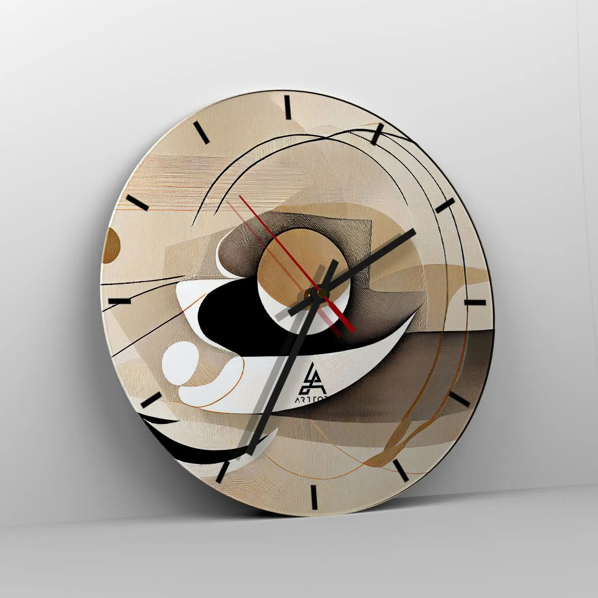Wall clock - Clock on glass - A geometric composition with arcs and forms in shades of beige. - 30x30cm - Composition -the Heart of Things - Modern wall decoration for the living room, kitchen, and bedroom ARTTOR