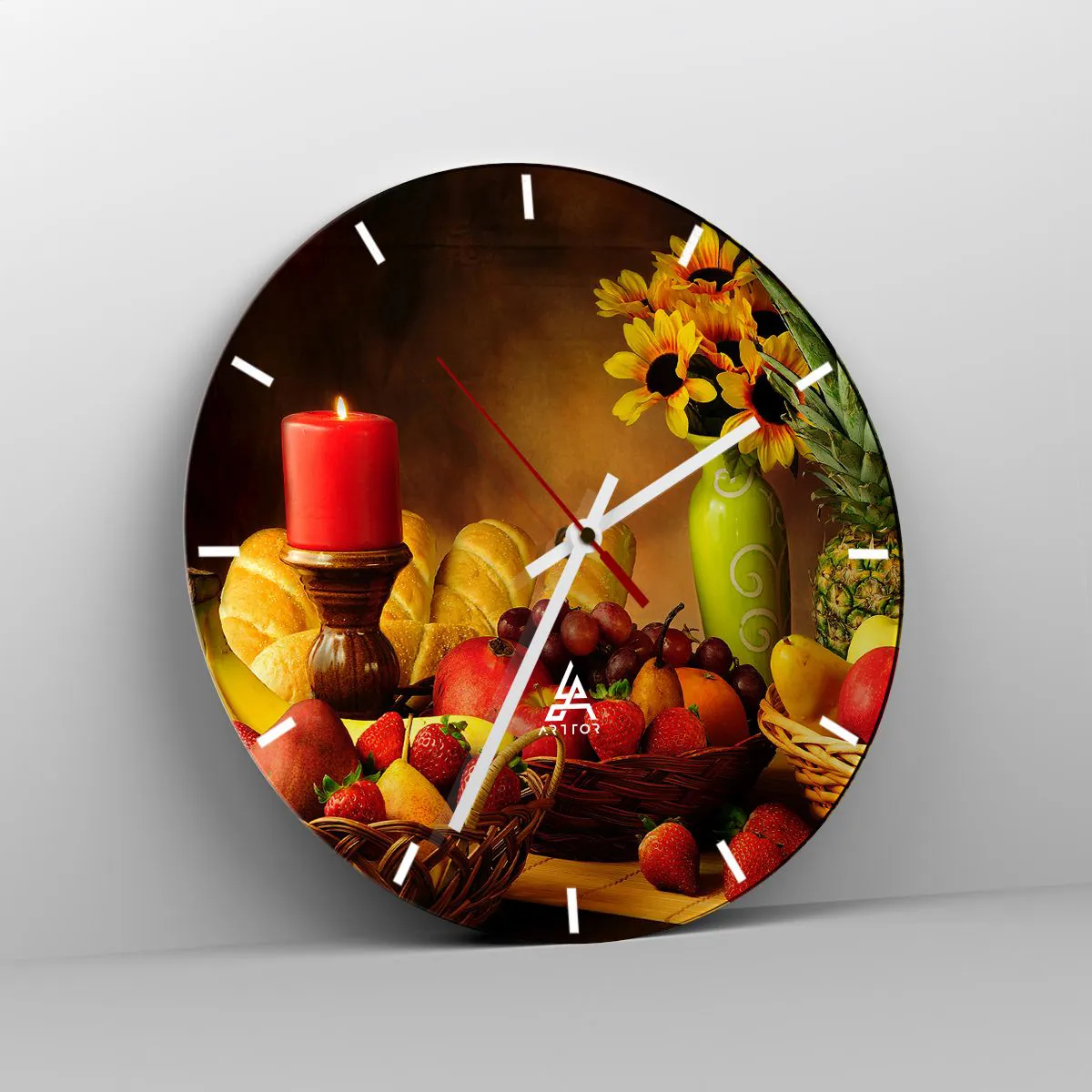 Wanduhr - Glasuhr - Stillleben mit Brot und Obst - 40x40 cm
