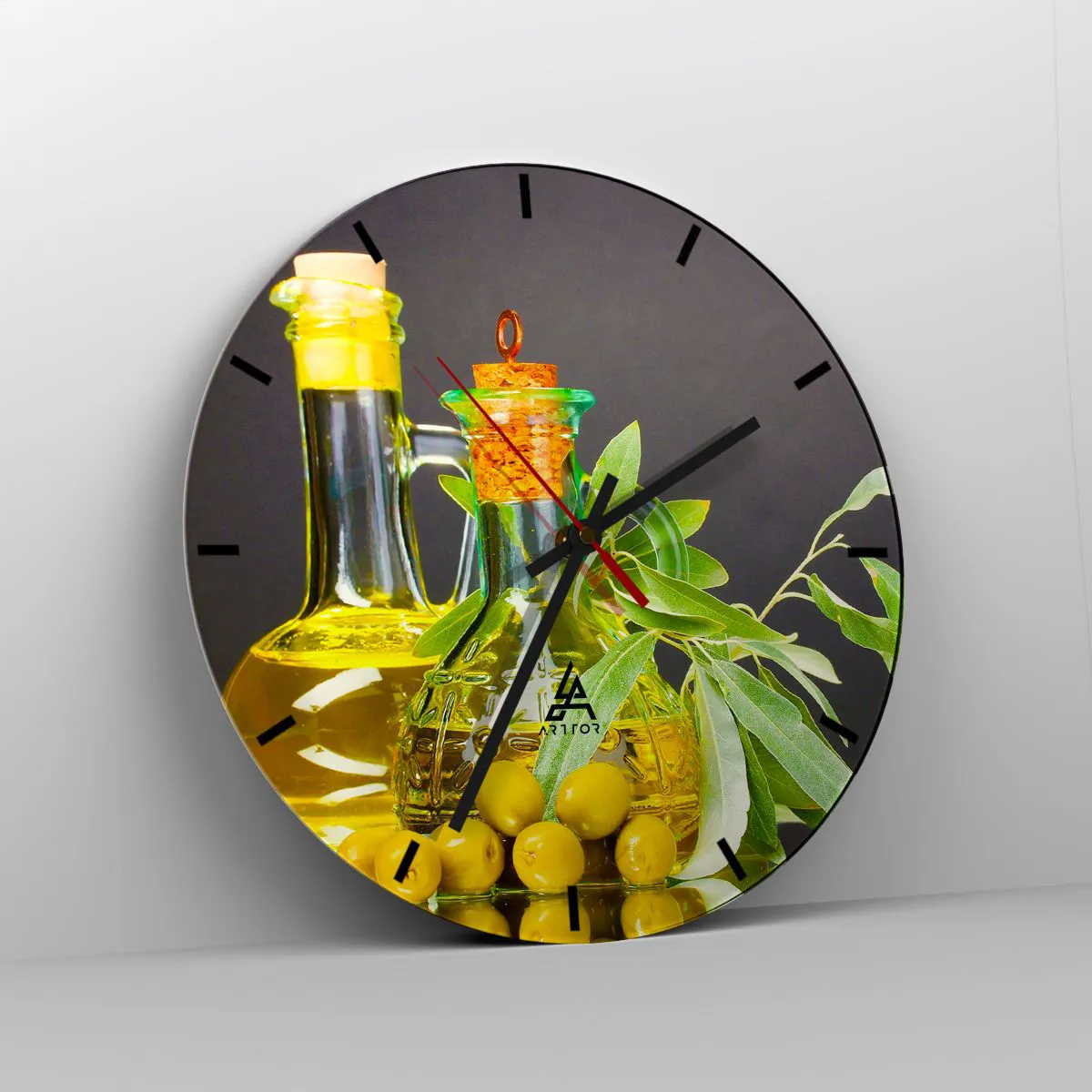 Relógio de parede - Relógio em vidro - Natureza morta com azeitonas e azeite - 40x40 cm
