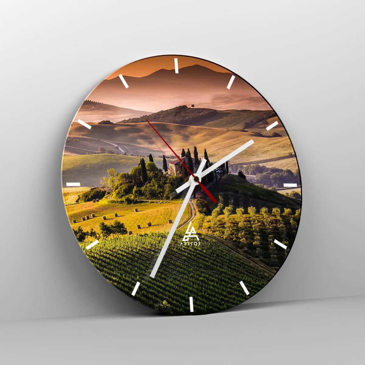 Ceas de perete - Ceas pe sticlă - Arcadia - peisaj toscan - 40x40 cm