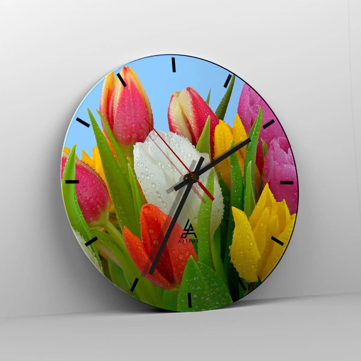 Wanduhr - Glasuhr - Ein blumiger Regenbogen in Tautropfen - 40x40 cm