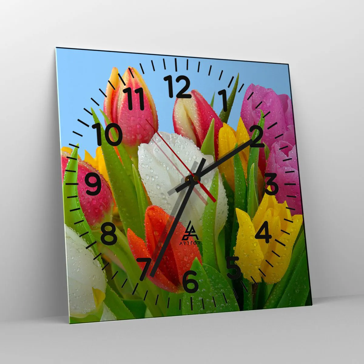 Wanduhr - Glasuhr - Ein blumiger Regenbogen in Tautropfen - 30x30 cm