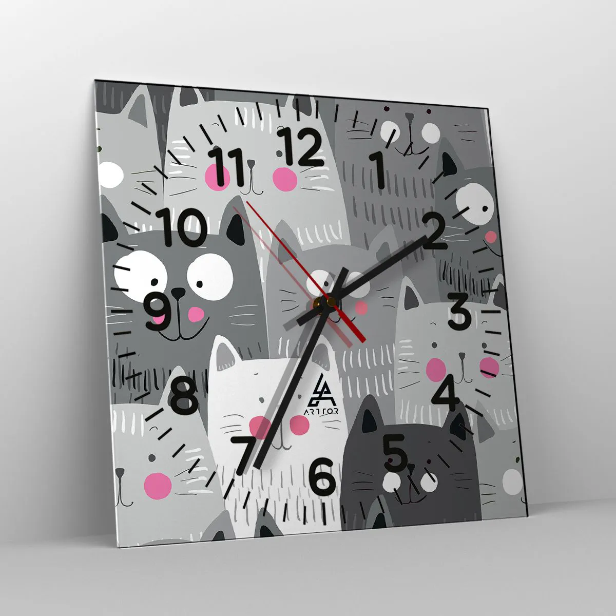 Ceas de perete - Ceas pe sticlă - Lumea felină - 30x30 cm