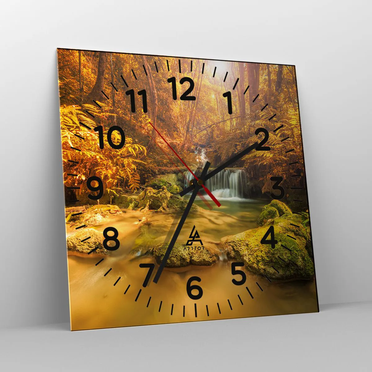 Wall clock - Clock on glass - Forest Cascade in Gold - 30x30 cm