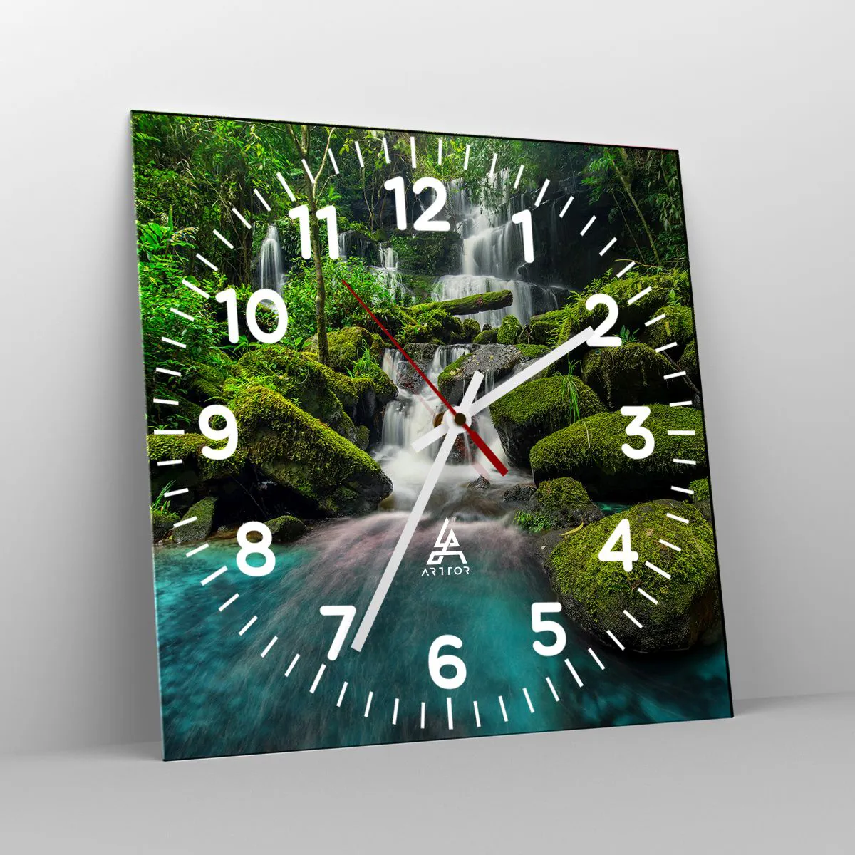 Wanduhr - Glasuhr - Türkis, Saphire und flüssiges Silber - 30x30 cm