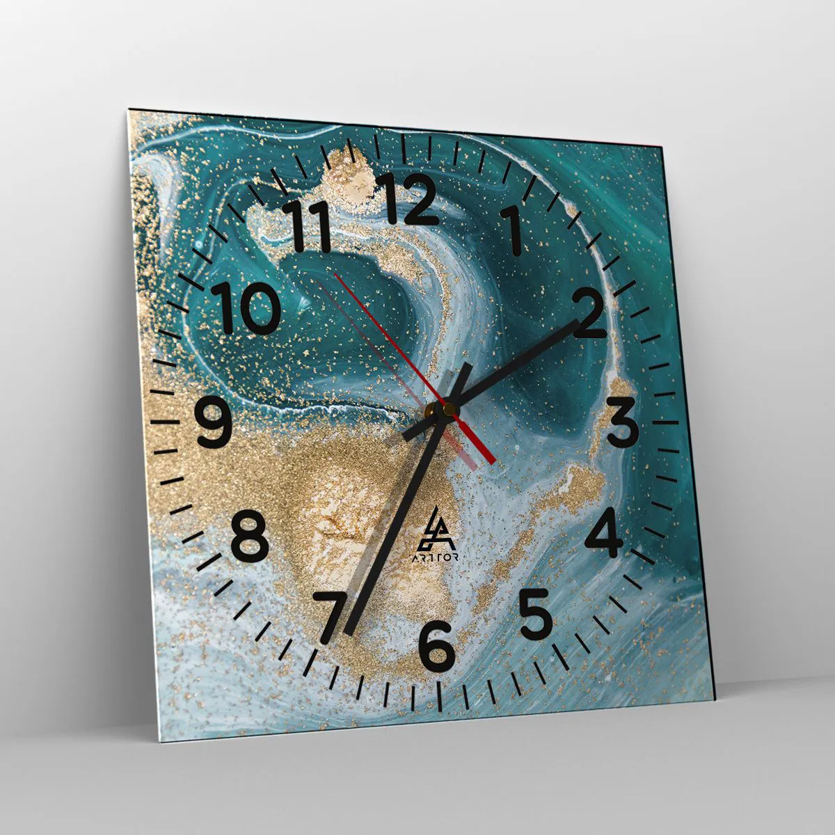 Wanduhr - Glasuhr - Ein Strudel aus Gold und Türkis - 30x30 cm