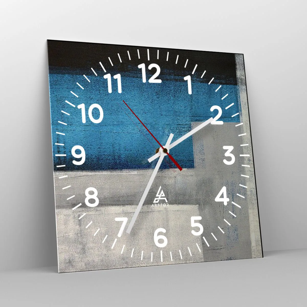 Ceas de perete - Ceas pe sticlă - Compoziție poetică de gri și albastru - 30x30 cm