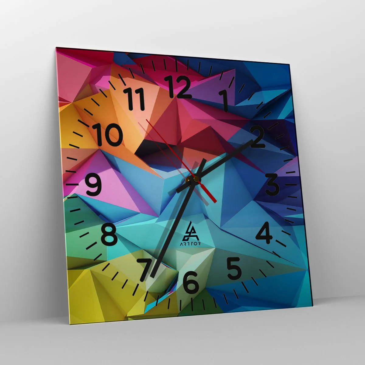 Relógio de parede - Relógio em vidro - Arco-íris de origami - 40x40 cm