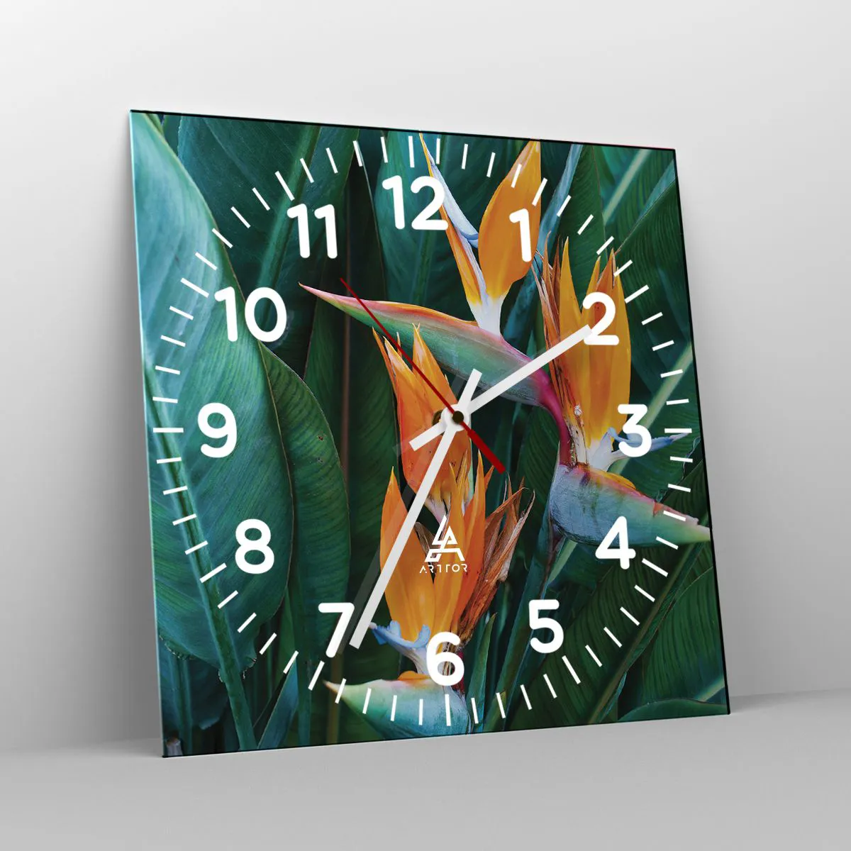 Väggklocka - Klocka på glas - Är det en blomma, eller en fågel? - 40x40 cm