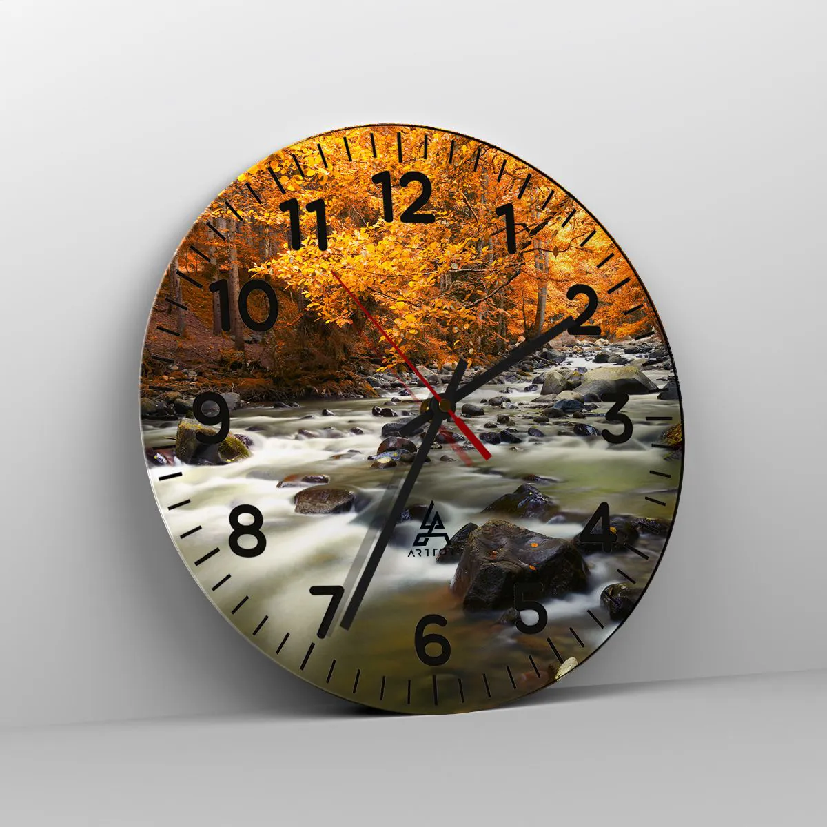 Ceas de perete - Ceas pe sticlă - Un pârâu într-o pădure de aur - 30x30 cm