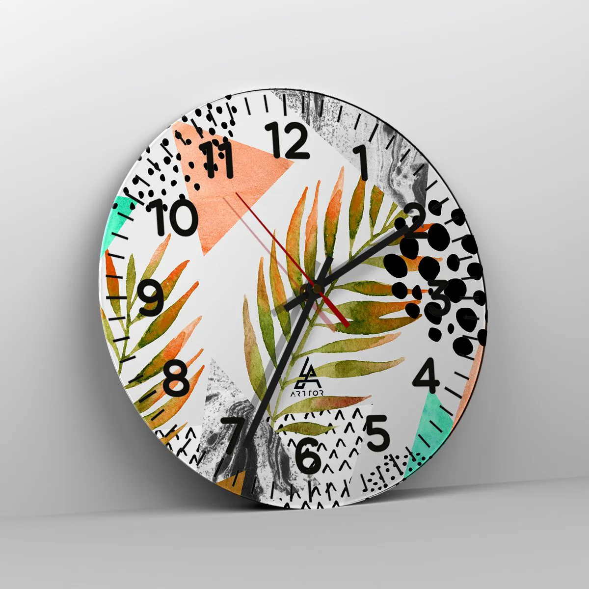 Relógio de parede - Relógio em vidro - Decoração em folha de palmeira - 30x30 cm