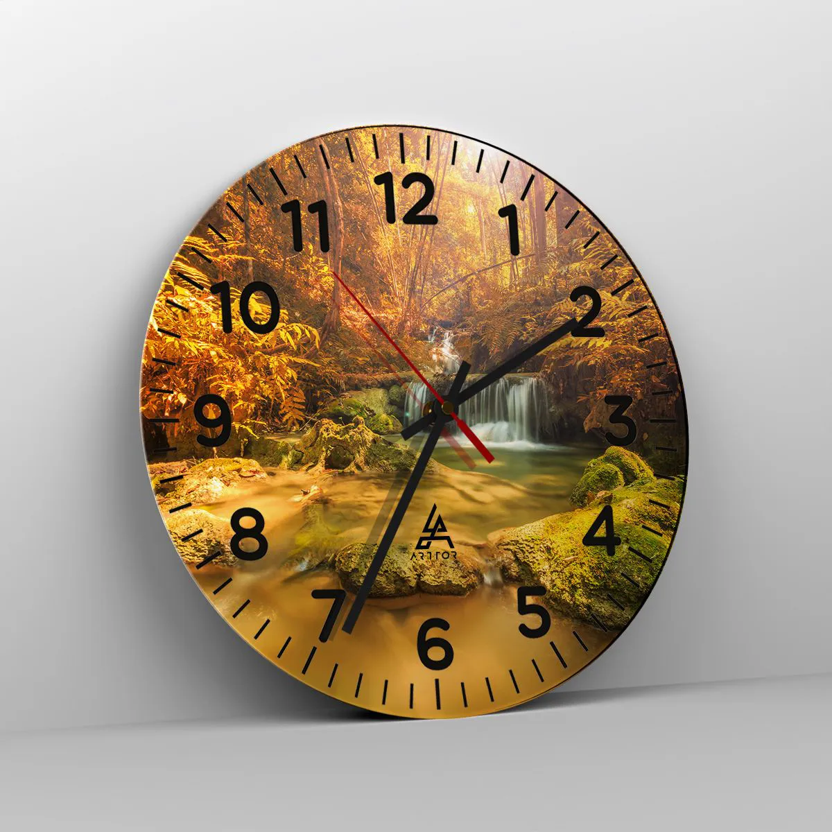 Wall clock - Clock on glass - Forest Cascade in Gold - 30x30 cm