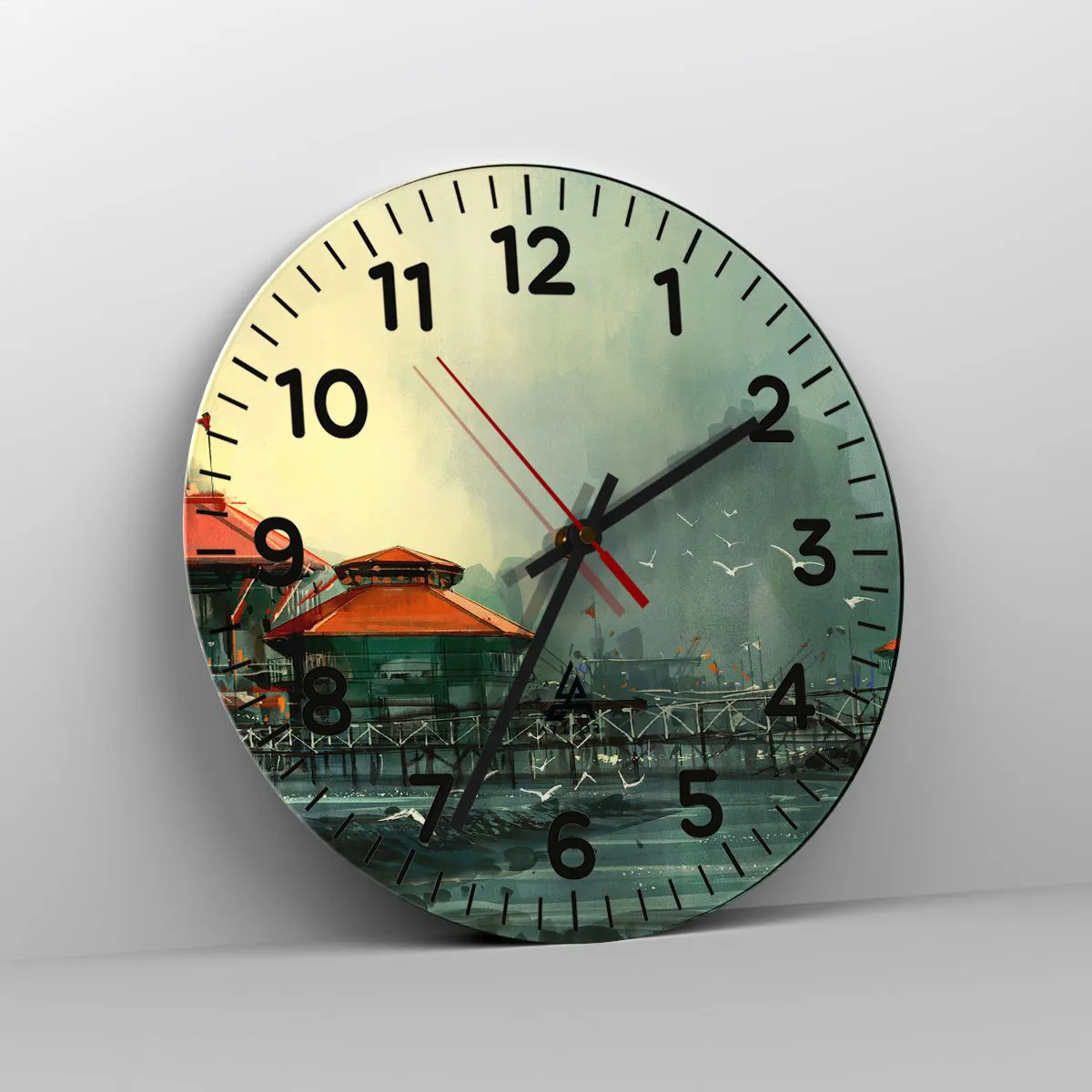 Ceas de perete - Ceas pe sticlă - O zi ploioasă în port - 30x30 cm