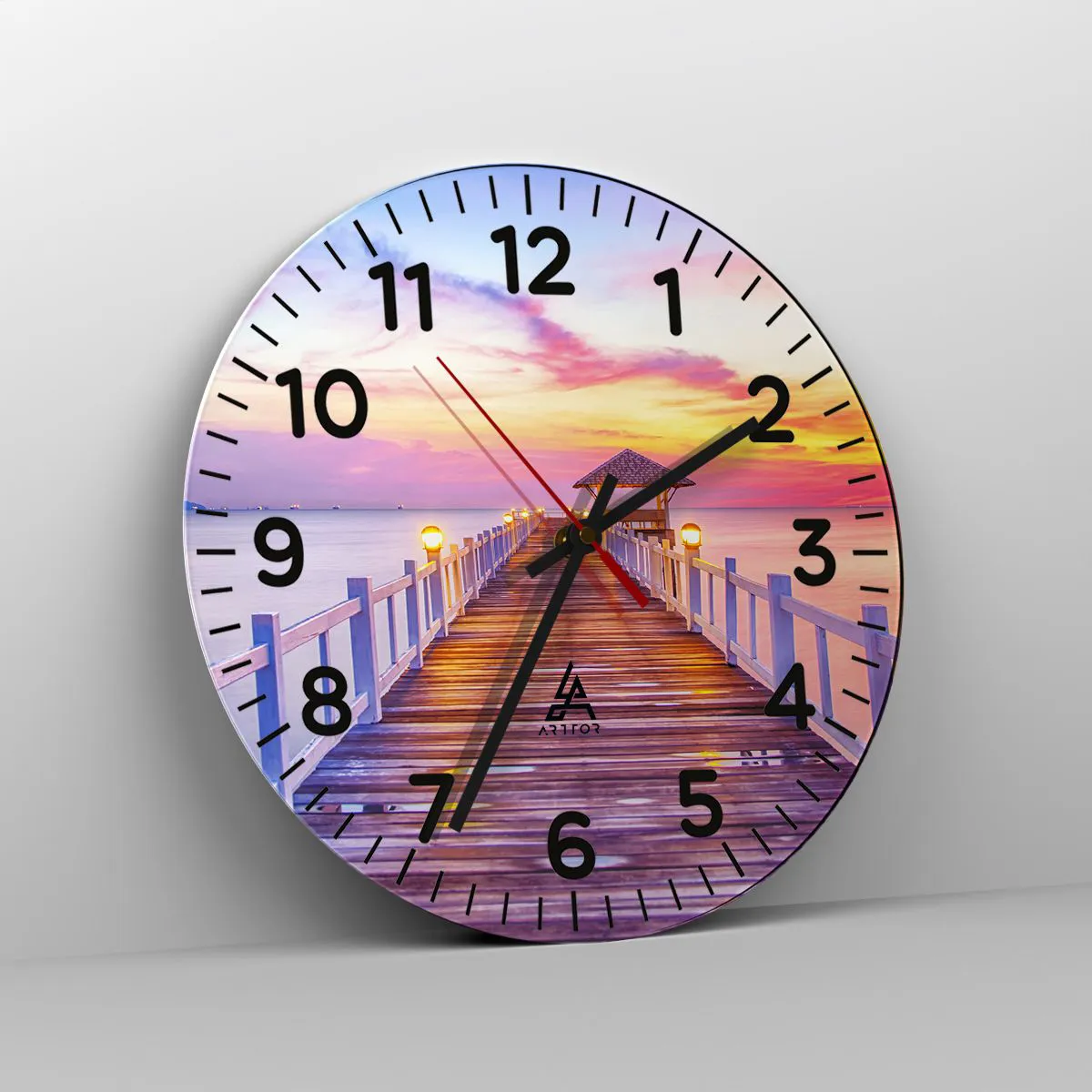 Ceas de perete - Ceas pe sticlă - Tăcerea serii în liliac-auriu - 40x40 cm