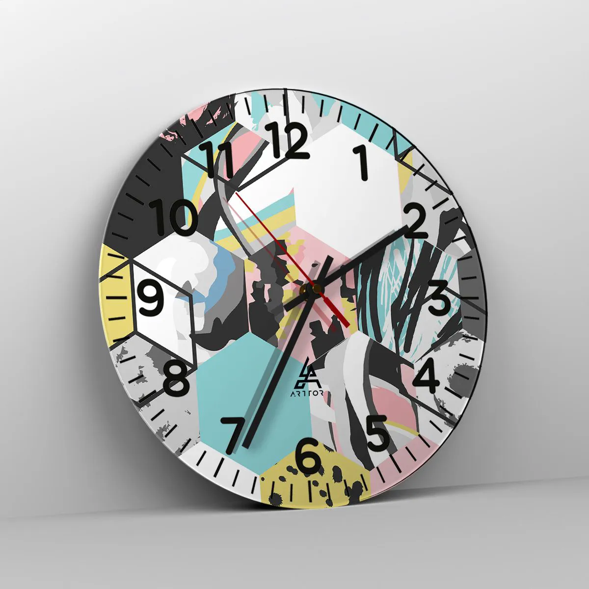 Wall clock - Clock on glass - Hexagons and Cubes in Six Colours - 40x40 cm