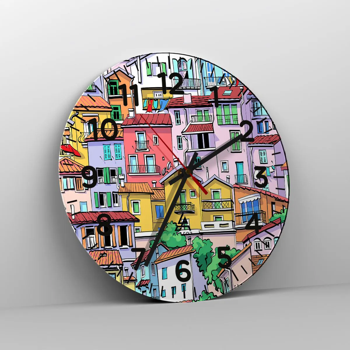 Reloj de pared - Reloj de vidrio - Ciudad alegre - 40x40 cm