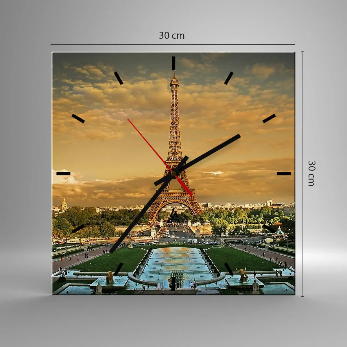 Reloj de pared - Reloj de vidrio - La Torre Eiffel en París al atardecer - 30x30cm - Reina de París - Decoración de pared moderna para salón y dormitorio ARTTOR