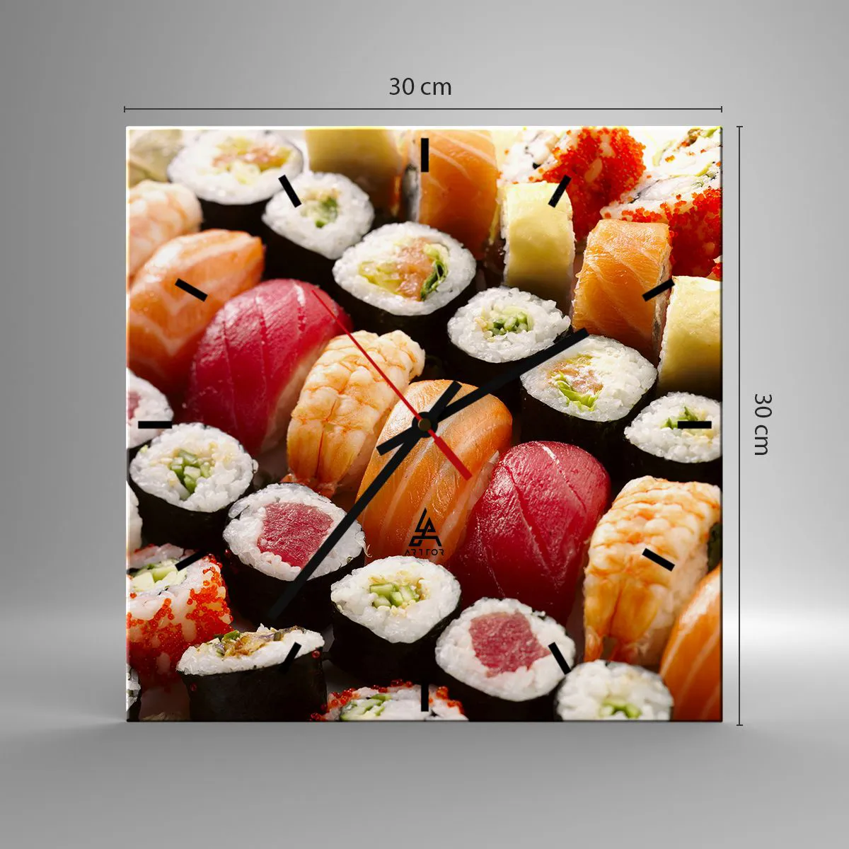 Reloj de pared - Reloj de vidrio - Sushi colorido dispuesto en filas con diversos ingredientes. - 30x30cm - Colores y sabores de Asia - Decoración de pared moderna para salón y dormitorio ARTTOR